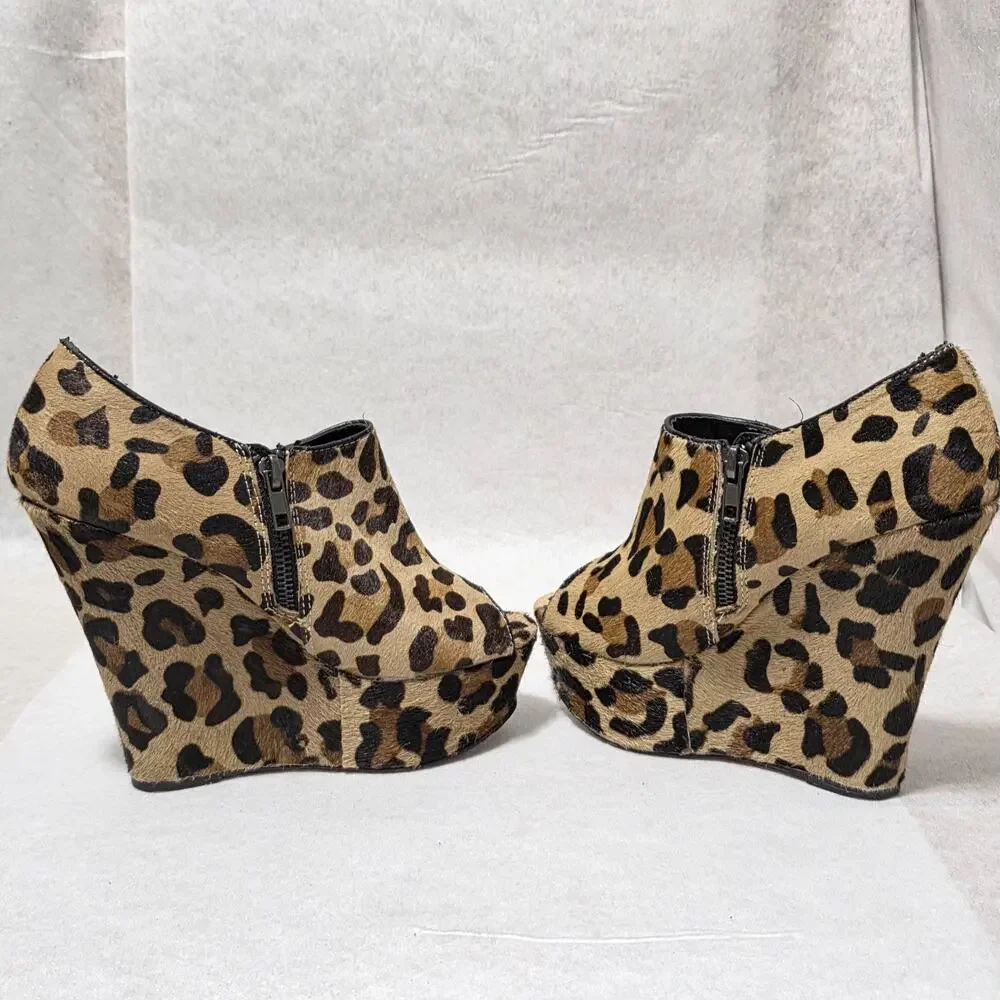 Leopard Print Pony Hair Platform Wedge Booties - Peep Toe - Size 8M